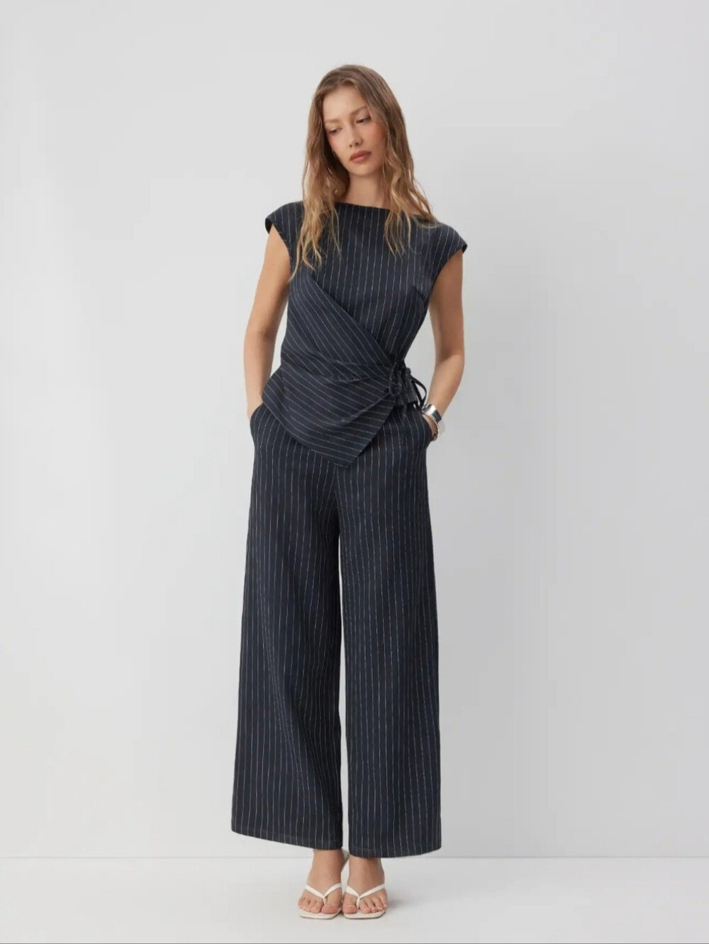 Commense Navy Pinstripe Wide-Leg Jumpsuit